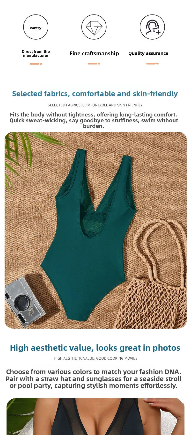 Sexy V-Neck One-Piece Swimsuit Quick-Dry with Chest Pad No Steel Support Triangle Monokini Swimwear for Women Adult Pure Color