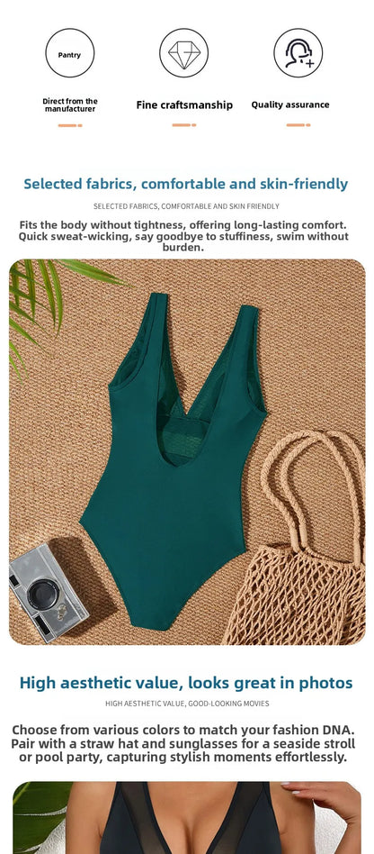 Sexy V-Neck One-Piece Swimsuit Quick-Dry with Chest Pad No Steel Support Triangle Monokini Swimwear for Women Adult Pure Color