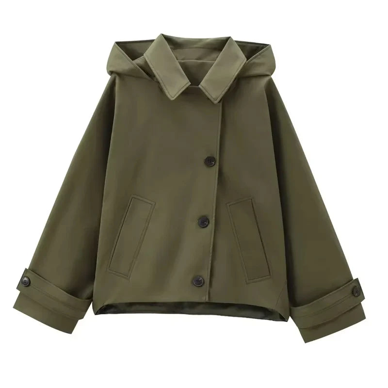 HXAO Female Windbreaker Outerwears Hood Cropped Jacket Women Solid Trench Coat Autumn Long Sleeve Demi-Season Casual Coats