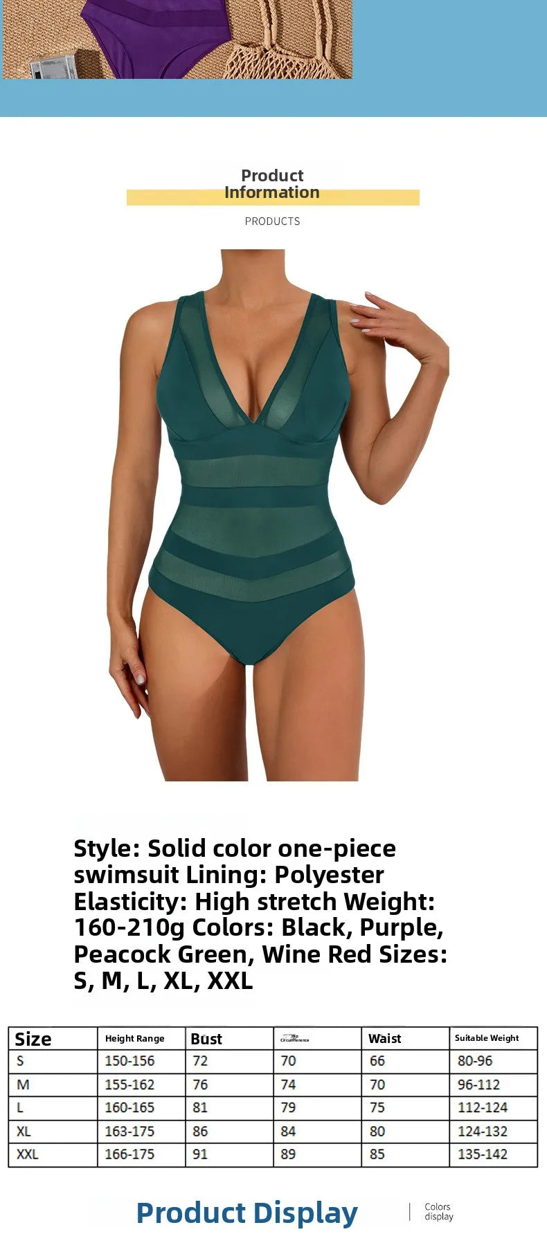 Sexy V-Neck One-Piece Swimsuit Quick-Dry with Chest Pad No Steel Support Triangle Monokini Swimwear for Women Adult Pure Color