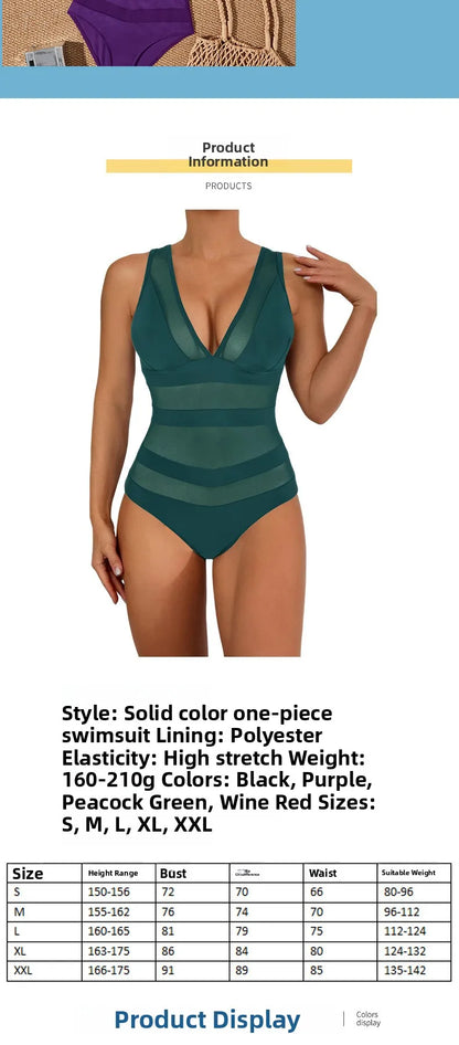 Sexy V-Neck One-Piece Swimsuit Quick-Dry with Chest Pad No Steel Support Triangle Monokini Swimwear for Women Adult Pure Color