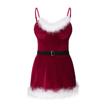Women Christmas Costume Faux Fur Trim Red Flannel Underwired Bra Corset Sexy Bustier Cami Crop Tops Xmas Party Rave Dress Up