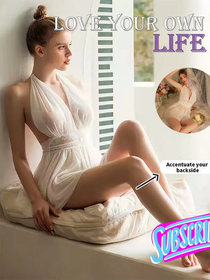 Sexy Lace Splicing Mesh Halter Deep V Backless Lingerie Nightgown for Women All-Season Homewear Comfortable Women's Dress