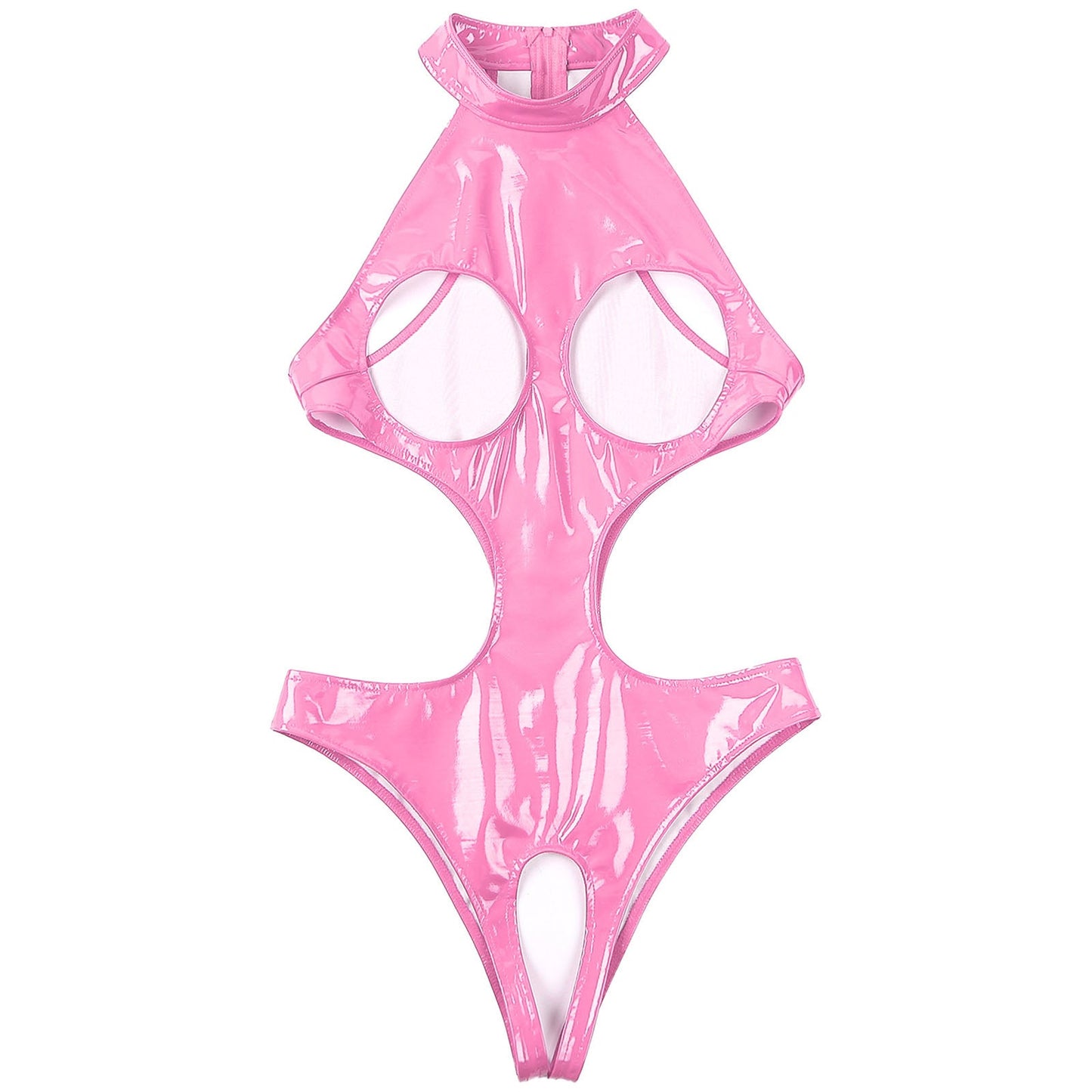 Womens Wet Look Faux Leather Hollow Out Open Breast Leotard Bodysuit Halter Neck Crotchless Jumpsuit Lingerie Teddy Nightwear