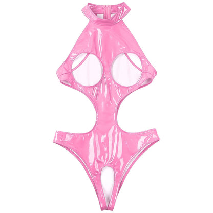 Womens Wet Look Faux Leather Hollow Out Open Breast Leotard Bodysuit Halter Neck Crotchless Jumpsuit Lingerie Teddy Nightwear
