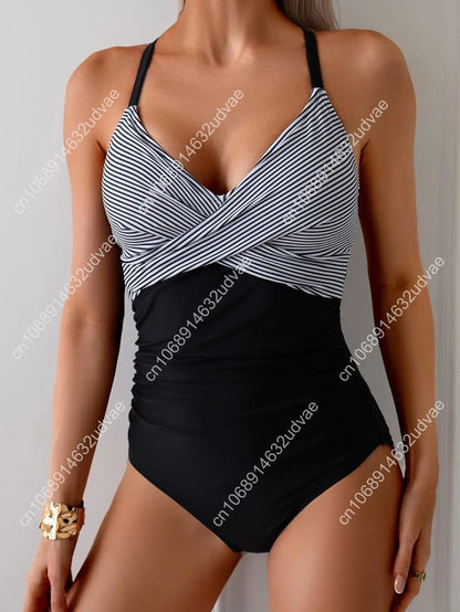 B2prity Women's One Piece Swimsuits Tummy Control Front Cross Bathing Suits Tie Back Slimming V Neck Swimwear