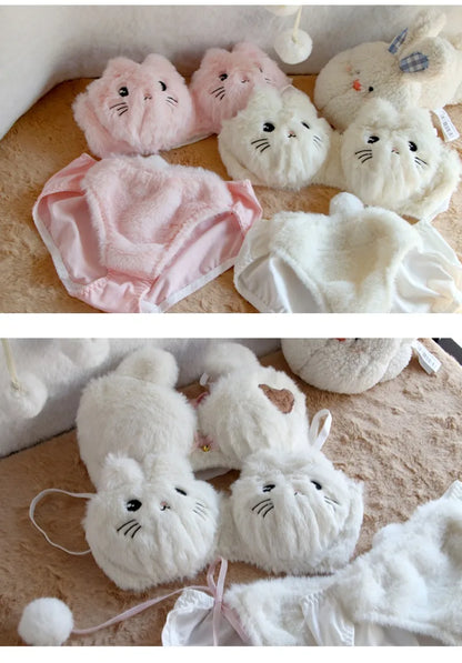 Cute Bear Underwear Winter Plush Cartoon Comfortable Bra & Brief Sets Women's Intimates Thermal Bra Gathers Sleepwear Lingerie