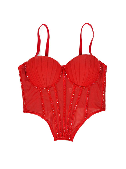 Sexy Mesh Design Camisole Vest Style Ladies Corset Tops with Chest Cushion Sparkling Diamond Decoration Fishbone Lingerie Tops