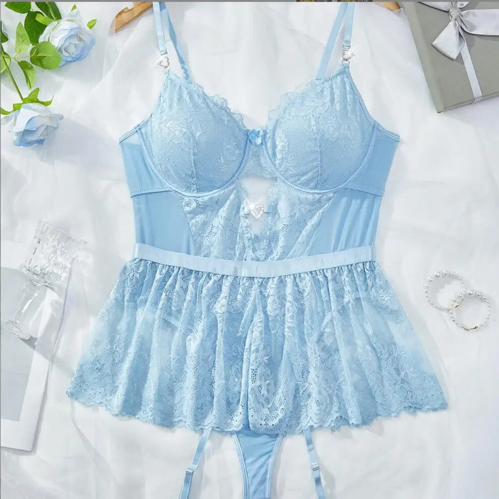 Sexy Women's Lace Underwear Perspective Exotic Bra Set Transparente Sexy Outfit with Garter Belt Bondage Lingerie Set