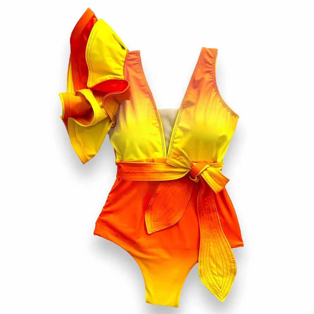 2025 New Sexy V-Neck One Piece Swimsuit Belt Swimwear Women Ruffle Monokini Push Up Swim Suit Colorful Bathing Suit Female Beach