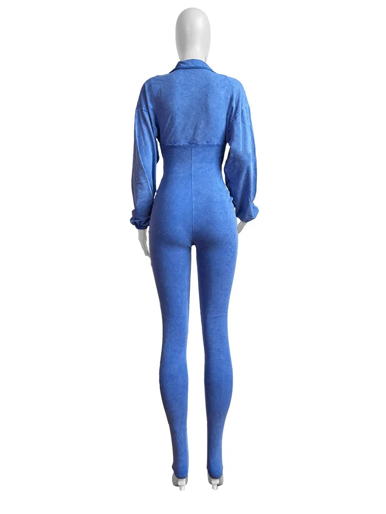 Weird Puss Washed Distressed Jumpsuit Women Ribbed V-Neck Solid SKinny Long Sleeve Fall Casual Trend Simple Activity Streetwear