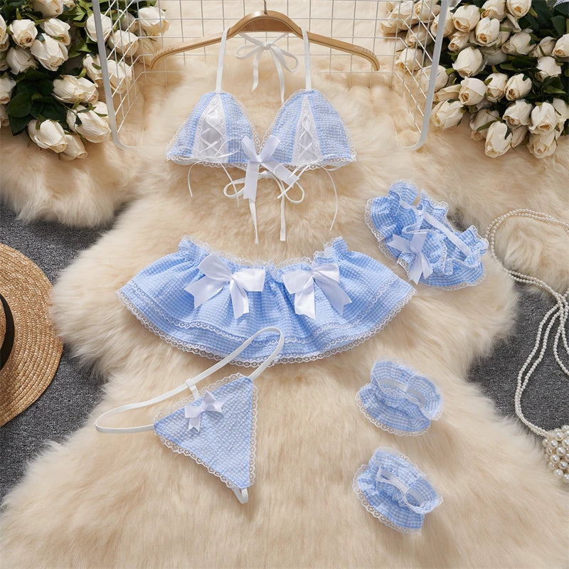 Sexy Lace Gauze Patchwork Strap Bodysuit Hollow Sleeveless Slim backless Women Erotic Lingerie Hotsweet Bow Night Maid Cosplay