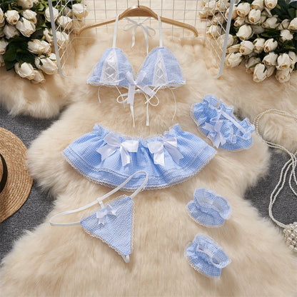 Sexy Lace Gauze Patchwork Strap Bodysuit Hollow Sleeveless Slim backless Women Erotic Lingerie Hotsweet Bow Night Maid Cosplay