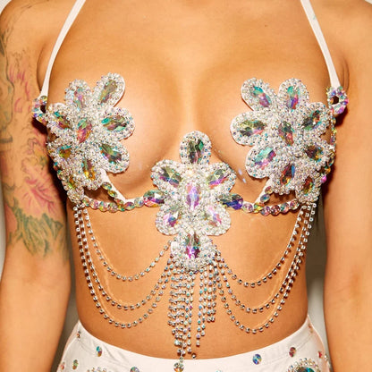 Colorful Rhinestone Flower Chest Bracket Top for Women Outfit Festival Lingerie Sexy Tassel Bra Chain Necklace Bikini Jewelry