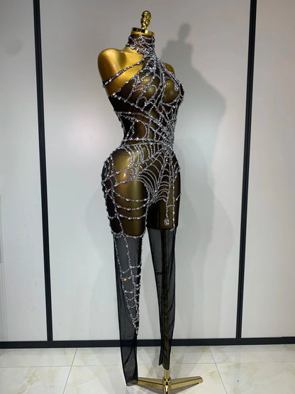 STOCK Sparkly Diamond Women Sexy Mesh Jumpsuit Nightclub Bar Party Show Gogo Dancer Clothing Drag Queen Outfit Stage Costume