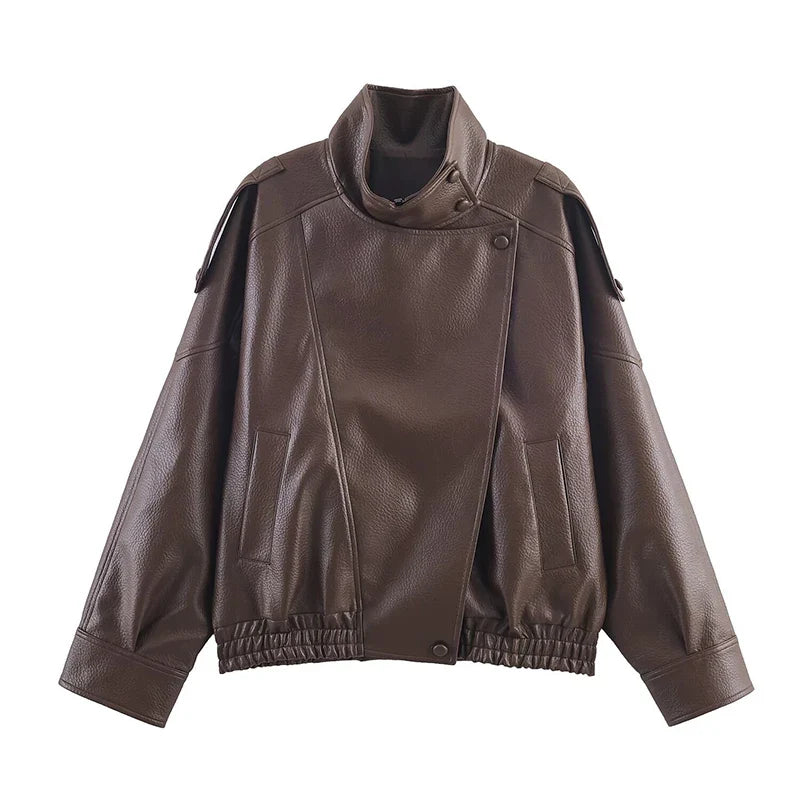 Stand Collar Women's Jacket Full Sleeve Double Button Solid Female Leather Jackets 2025 Autumn Fashion High Street Lady Outwears