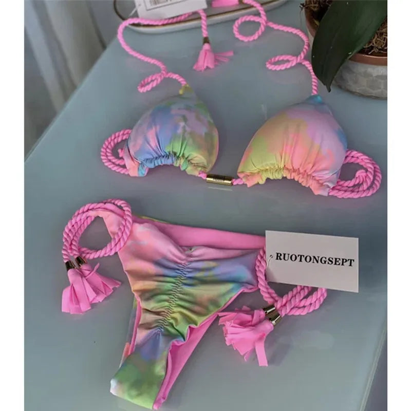 Sexy Swimsuit Women Triangle Bikinis Set Thong Bandage Swimsuits Solid Color bathing suit  Two Piece String Swimear Beach Wear