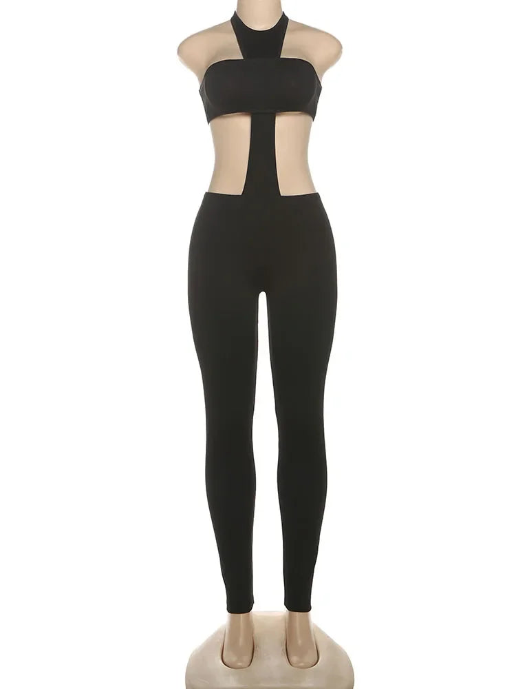 kliou Cross Cut Halter Women Jumpsuits Unique Sexy Coquette Bandage Backless Elastic Overalls Female Midnight Dance One Piece