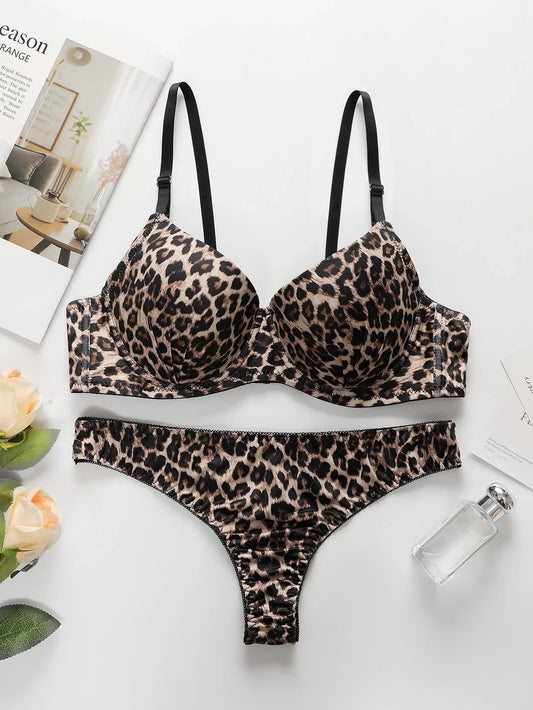 Women's sexy leopard print lingerie set with steel ring gathering push up bra comfortable close fitting lingerie set B2087