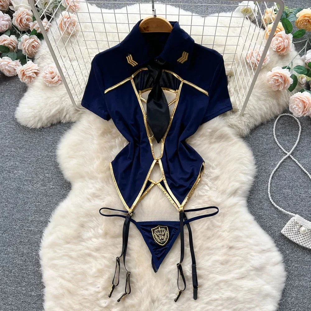Sexy Lace Gauze Patchwork Strap Bodysuit Hollow Sleeveless Slim backless Women Erotic Lingerie Hotsweet Bow Night Maid Cosplay