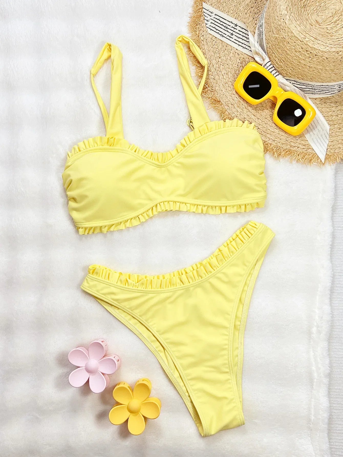 Vigoashely 2025 Sexy Ruffle Bikini Set Strapped Push UP Swimsuit High Cut Verge Swimwear Women Backless Yellow Bathing Suit