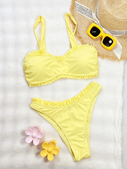 Vigoashely 2025 Sexy Ruffle Bikini Set Strapped Push UP Swimsuit High Cut Verge Swimwear Women Backless Yellow Bathing Suit