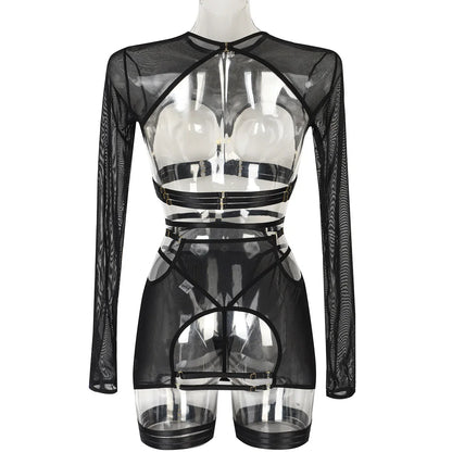 Diccvicc Long Sleeve Lingerie Sexy Sheer Mesh Porn Top Crotchless Skirt Naked Bandage Women Underwear Uncensored Erotic Costume