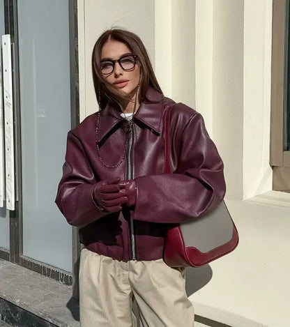 HH Wine Red Faux Leather Jakcet Fashion Outerwear Thicken Zipper Lapel Pu Coats Autumn Winter Streetwear Ladies Tops Women
