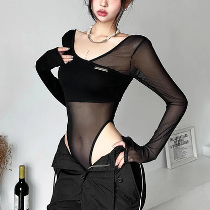 Black See Through Bodysuit Lingerie Sexy Long Sleeve Lenceria Femenina V-Neck One-Pieces Body Feminino Backless Tops For Women