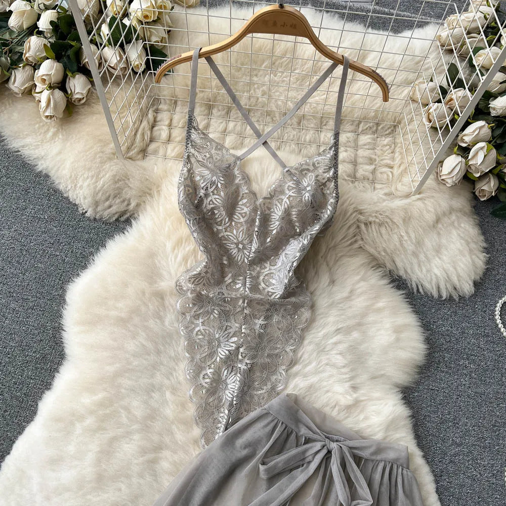SINGREINY Lace Sensual Erotic Two Pieces Suits Camis Short Bodysuits Tops+Midi Long Mesh Chiffon Skirts Women Underwear Sets
