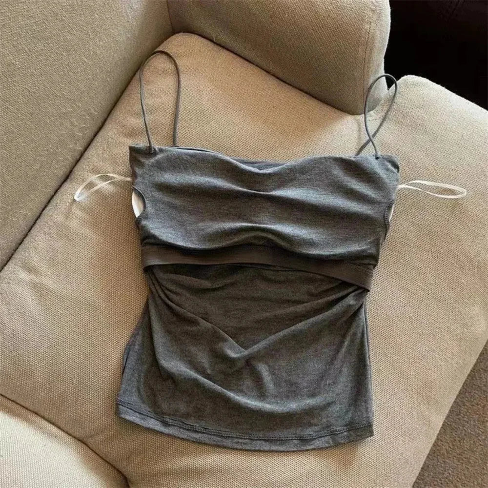 1 Pc Stylish Waist Pleated Corset - Soft support fixed chest pad sleeveless vest Sexy short top with thin straps Solid color