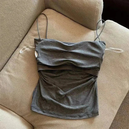 1 Pc Stylish Waist Pleated Corset - Soft support fixed chest pad sleeveless vest Sexy short top with thin straps Solid color