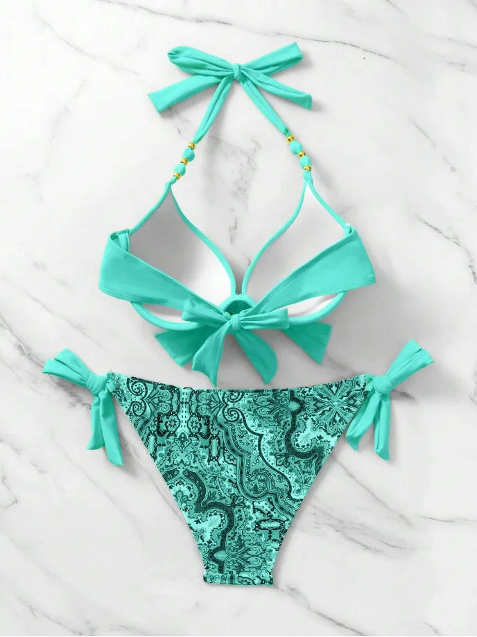 2025 Push Up Halter Bikini Printed Swimsuit Women Sexy Strappy Swimwear Female Bathers Bathing Swimming Swim Suit Beachwear