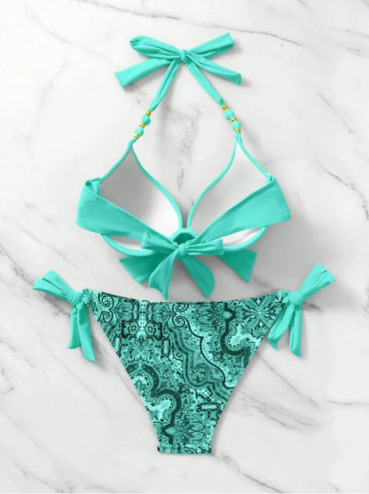 2025 Push Up Halter Bikini Printed Swimsuit Women Sexy Strappy Swimwear Female Bathers Bathing Swimming Swim Suit Beachwear
