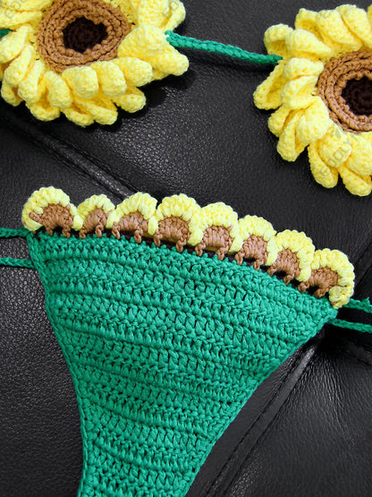 2 Piece Bikini Set 2025 Summer Yellow Sunflower Crochet Swimsuit Suit Set Beach Wear Bikinis Cover-up Women Bathing Suits K224