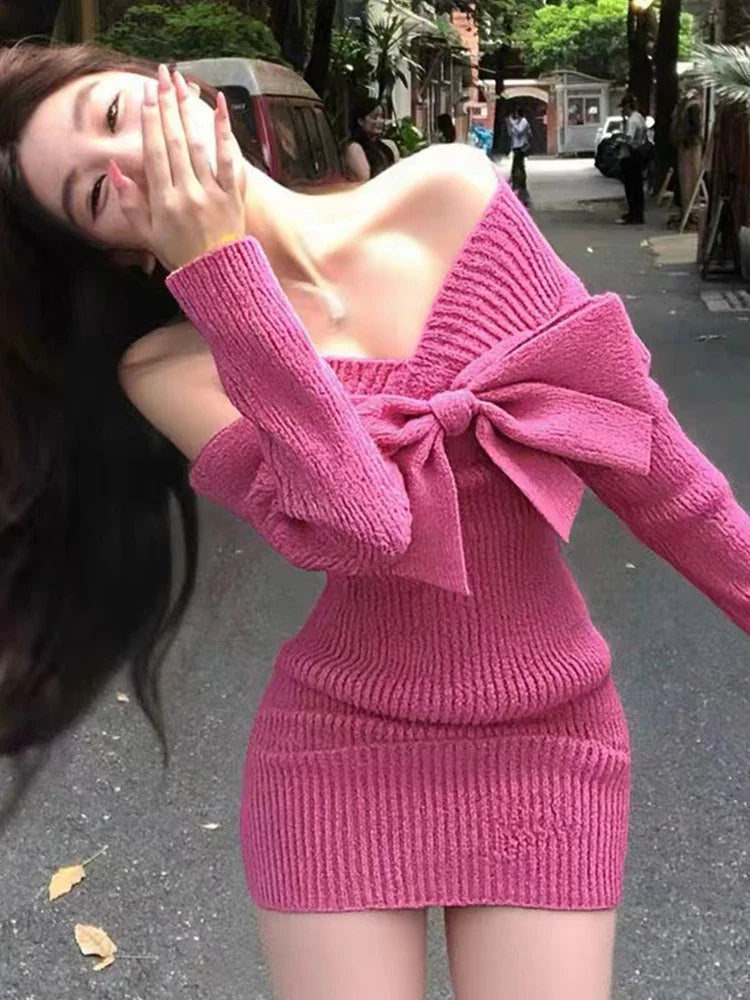 Elegant Party Dresses Rose Red V-neck Bow Long-sleeved Knitted Dress Autumn  Winter Waist-wrapped Short Sexy Dresses for Women