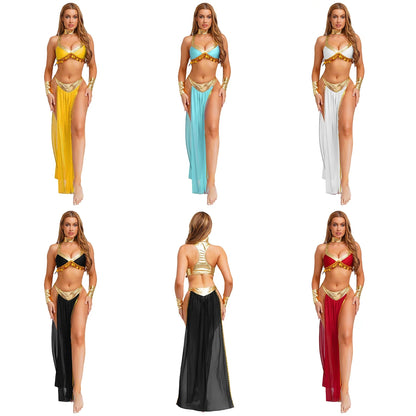 Women Halloween Cleopatra Ancient Egyptian Queen Sun Goddesses Cosplay Costume Crop Top with Skirt Choker Cuffs Belly Dance Set