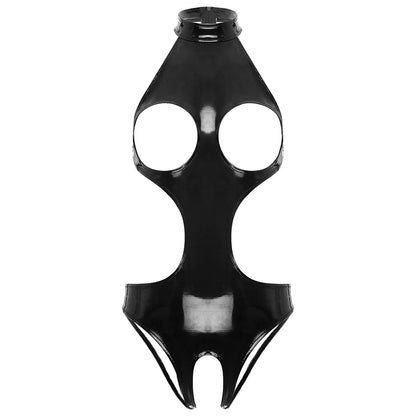 Womens Wet Look Faux Leather Hollow Out Open Breast Leotard Bodysuit Halter Neck Crotchless Jumpsuit Lingerie Teddy Nightwear