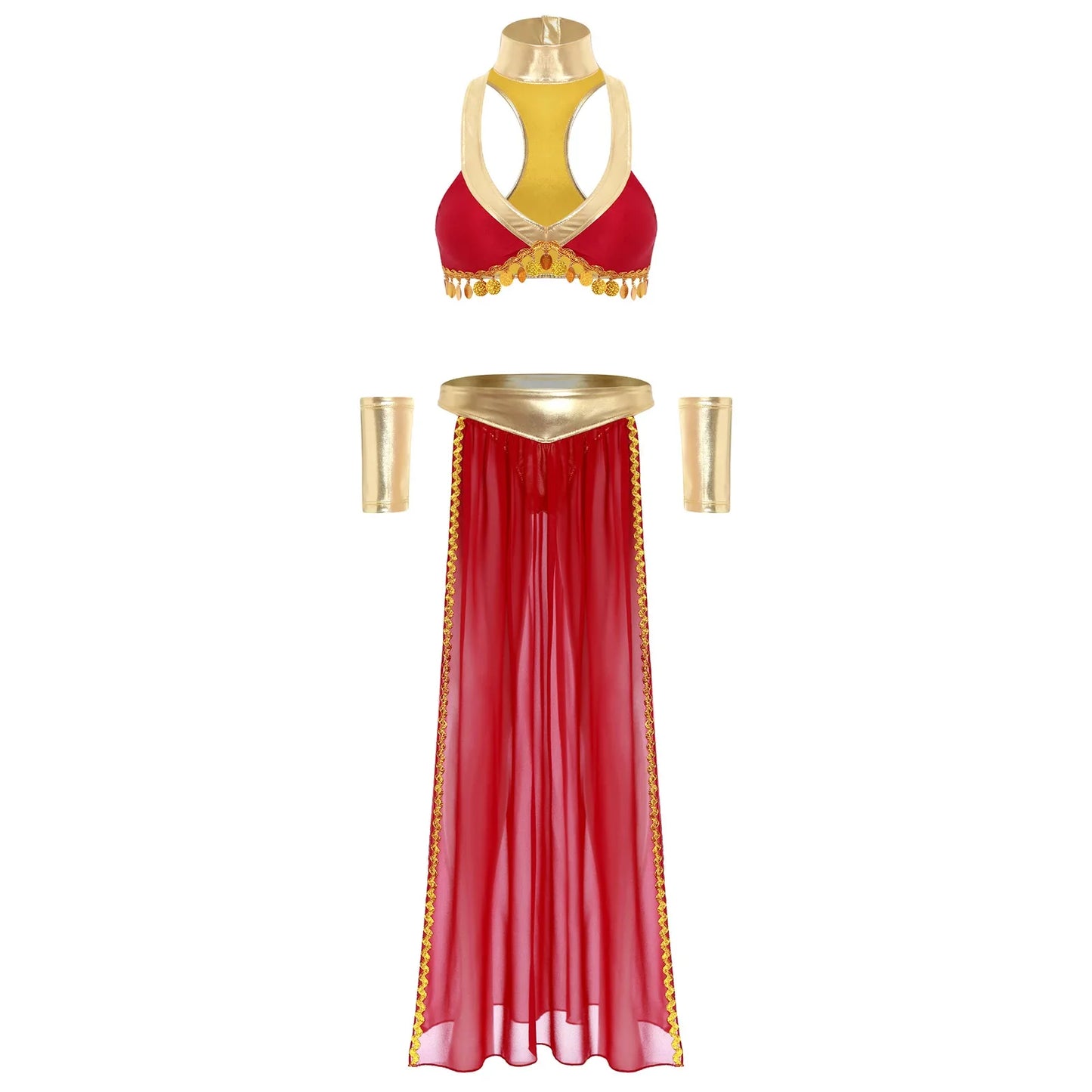 Women Halloween Cleopatra Ancient Egyptian Queen Sun Goddesses Cosplay Costume Crop Top with Skirt Choker Cuffs Belly Dance Set