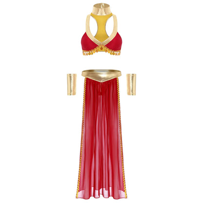 Women Halloween Cleopatra Ancient Egyptian Queen Sun Goddesses Cosplay Costume Crop Top with Skirt Choker Cuffs Belly Dance Set