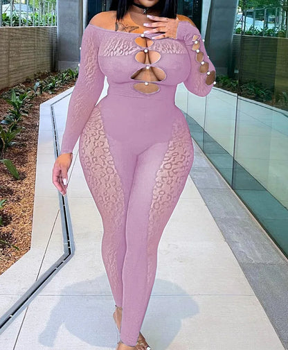 Viral Cheetah Bodysuit Pearl Embellished Mesh Lingerie Seductive Jacquard Catsuit for Women Flirtatious See Through Outfit