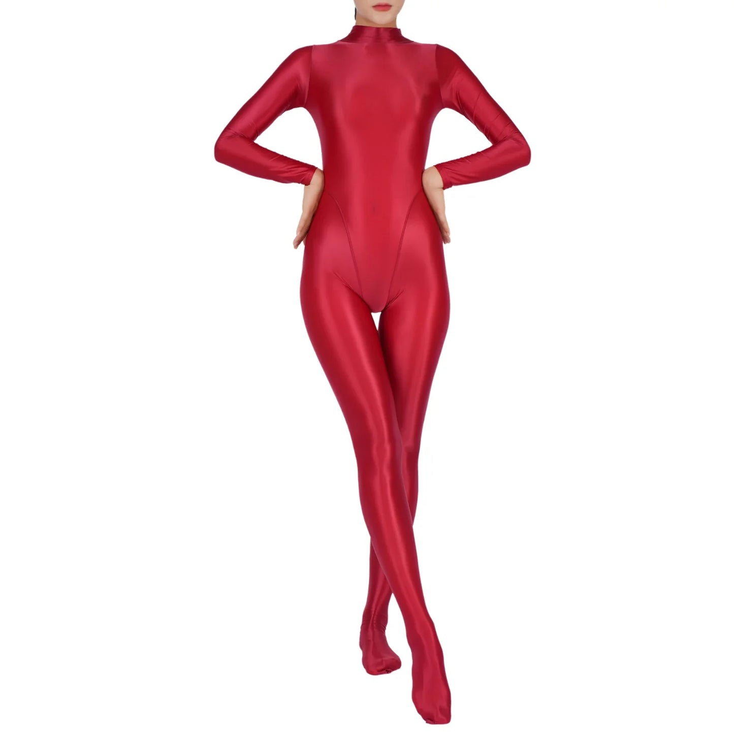 Womens Glossy Full Body Jumpsuit See Through Sheer Catsuits Bodystockings Long Sleeve Footed One Piece Gym Yoga Tights Bodysuit