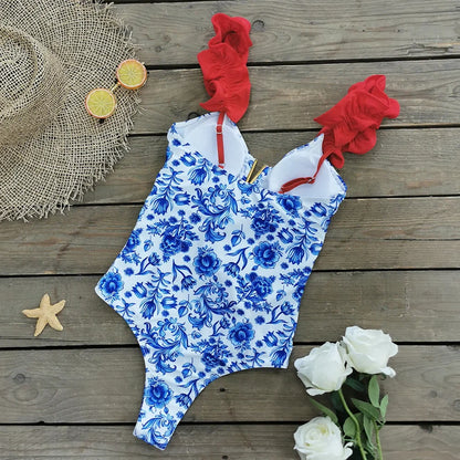 2025 New Sexy V-Neck One Piece Swimsuit Belt Swimwear Women Ruffle Monokini Push Up Swim Suit Colorful Bathing Suit Female Beach