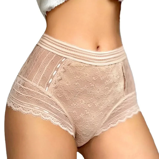 Plus Size See-through Lace Panty High Waist French Style Tummy Control Breathable Comfort Underwear Knicker Briefs for Women