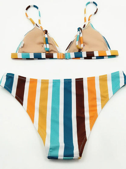 Circyy Bikini Set Women Rainbow Striped Halter Split Swimsuit Two-piece Sexy Thongs Summer 2025 New Holiday Beach Bathing Suit