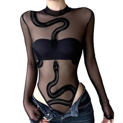 Womens Mesh Long Sleeve Bodysuit Round Neck Sheer Leotards Clothing Snake Bodysuit Top with Snap Crotch Clubwear Gifts