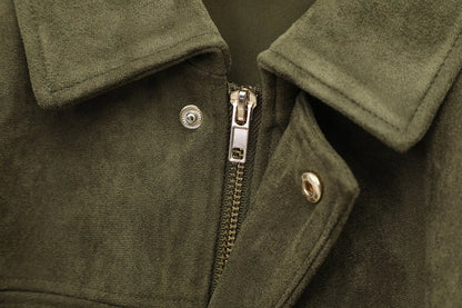 HH Women Brown Green Suede Jacket Loose Casual Bomber Coat Lapel Zipper Long Sleeve Jackets Vintage Lady Motorcycle Outwears