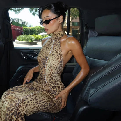 Cryptographic Fashion Halter Leopard Sexy Backless Maxi Dress Women Club Outfits Bandage Embellished Long Dresses Robe Clothes