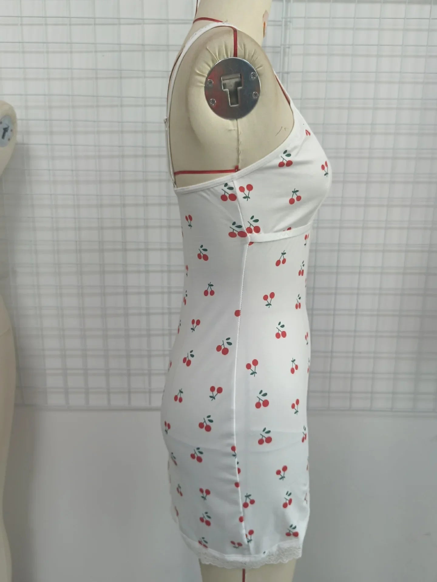 Sexy Cherry Print Nightgown Women's Lace Trim Lingerie Criss Cross Cami Mini Dress Cute Bodycon Chemise Trendy Nightwear New