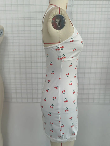 Sexy Cherry Print Nightgown Women's Lace Trim Lingerie Criss Cross Cami Mini Dress Cute Bodycon Chemise Trendy Nightwear New